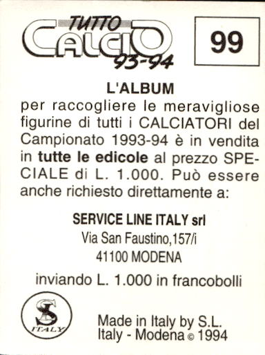 figurina ''Menù a Tendina'' calciatori 1993 Sl Service Line 1/3 - Picture 199 of 495
