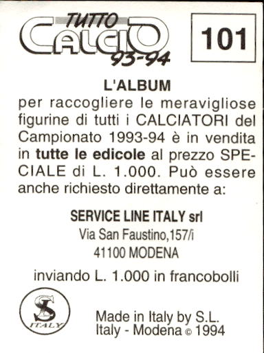 figurina ''Menù a Tendina'' calciatori 1993 Sl Service Line 1/3 - Picture 203 of 495