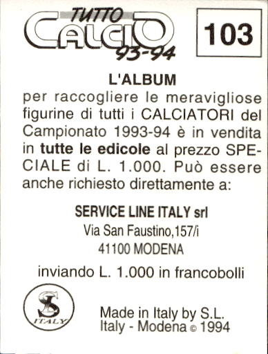 figurina ''Menù a Tendina'' calciatori 1993 Sl Service Line 1/3 - Picture 207 of 495