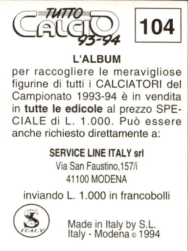 figurina ''Menù a Tendina'' calciatori 1993 Sl Service Line 1/3 - Picture 209 of 495