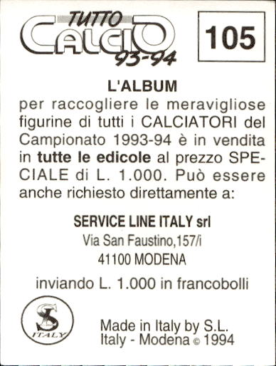 figurina ''Menù a Tendina'' calciatori 1993 Sl Service Line 1/3 - Picture 211 of 495