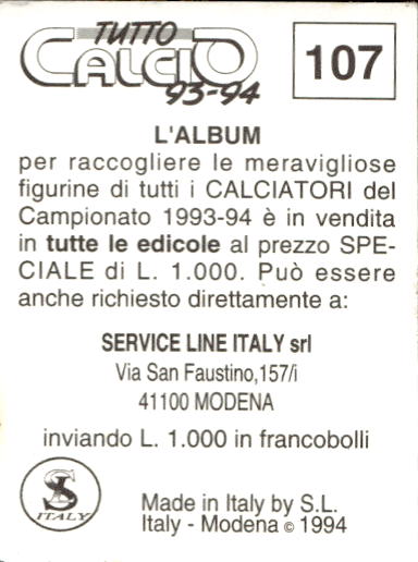 figurina ''Menù a Tendina'' calciatori 1993 Sl Service Line 1/3 - Picture 215 of 495