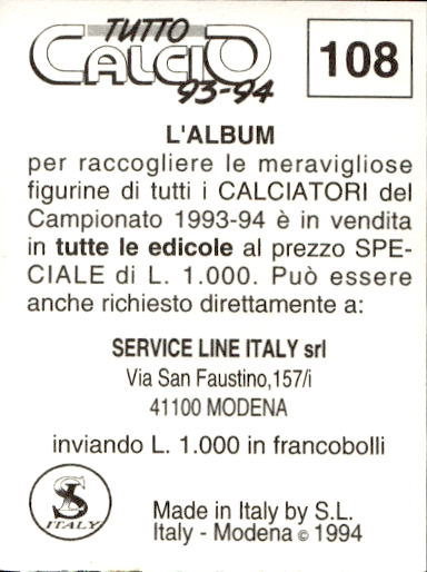 figurina ''Menù a Tendina'' calciatori 1993 Sl Service Line 1/3 - Picture 217 of 495