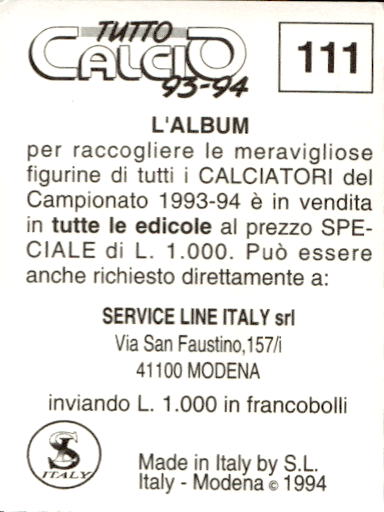 figurina ''Menù a Tendina'' calciatori 1993 Sl Service Line 1/3 - Picture 223 of 495