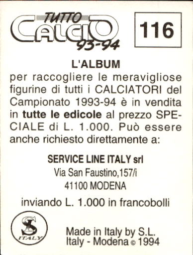 figurina ''Menù a Tendina'' calciatori 1993 Sl Service Line 1/3 - Picture 233 of 495