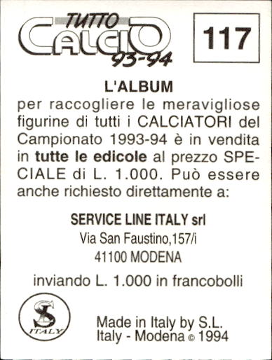 figurina ''Menù a Tendina'' calciatori 1993 Sl Service Line 1/3 - Picture 235 of 495