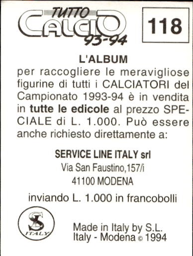 figurina ''Menù a Tendina'' calciatori 1993 Sl Service Line 1/3 - Picture 237 of 495