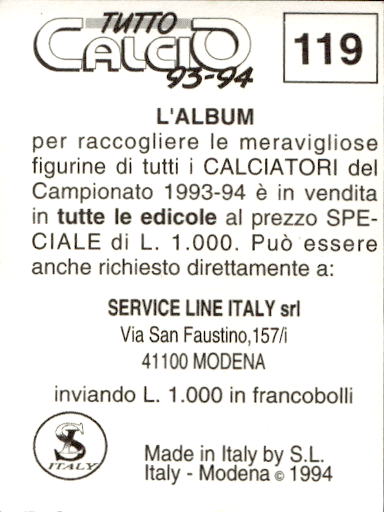 figurina ''Menù a Tendina'' calciatori 1993 Sl Service Line 1/3 - Picture 239 of 495