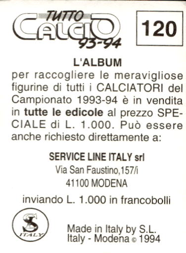 figurina ''Menù a Tendina'' calciatori 1993 Sl Service Line 1/3 - Picture 241 of 495