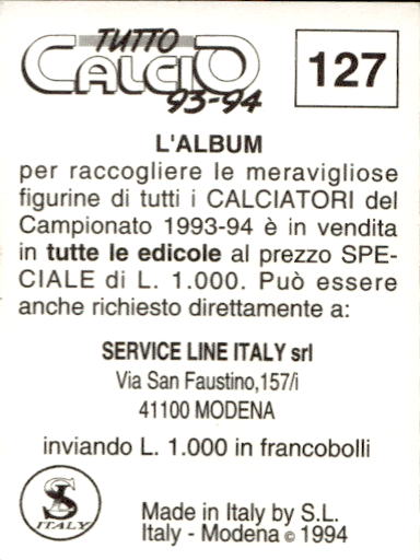 figurina ''Menù a Tendina'' calciatori 1993 Sl Service Line 1/3 - Picture 253 of 495