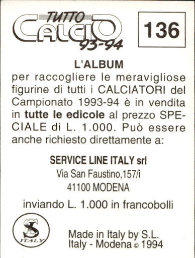 figurina ''Menù a Tendina'' calciatori 1993 Sl Service Line 1/3 - Picture 271 of 495