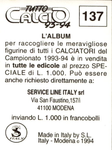 figurina ''Menù a Tendina'' calciatori 1993 Sl Service Line 1/3 - Picture 273 of 495