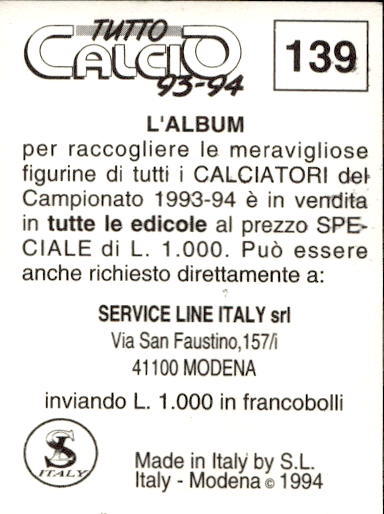 figurina ''Menù a Tendina'' calciatori 1993 Sl Service Line 1/3 - Picture 277 of 495