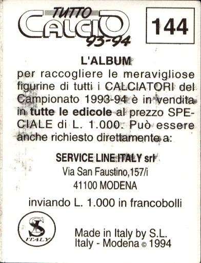 figurina ''Menù a Tendina'' calciatori 1993 Sl Service Line 1/3 - Picture 287 of 495