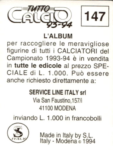 figurina ''Menù a Tendina'' calciatori 1993 Sl Service Line 1/3 - Picture 293 of 495