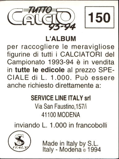 figurina ''Menù a Tendina'' calciatori 1993 Sl Service Line 1/3 - Picture 299 of 495