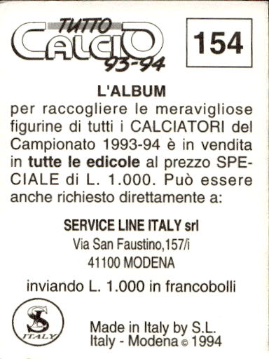 figurina ''Menù a Tendina'' calciatori 1993 Sl Service Line 1/3 - Picture 307 of 495