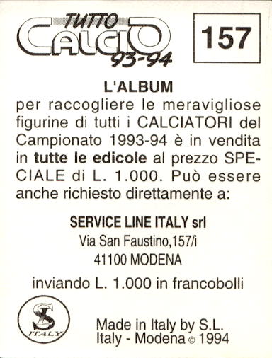 figurina ''Menù a Tendina'' calciatori 1993 Sl Service Line 1/3 - Picture 313 of 495