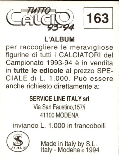 figurina ''Menù a Tendina'' calciatori 1993 Sl Service Line 1/3 - Picture 325 of 495