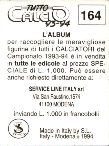 figurina ''Menù a Tendina'' calciatori 1993 Sl Service Line 1/3 - Picture 327 of 495