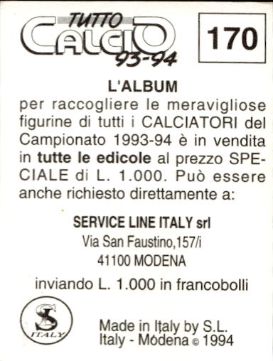figurina ''Menù a Tendina'' calciatori 1993 Sl Service Line 1/3 - Picture 337 of 495
