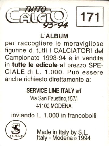 figurina ''Menù a Tendina'' calciatori 1993 Sl Service Line 1/3 - Picture 339 of 495