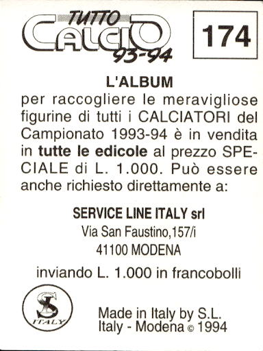 figurina ''Menù a Tendina'' calciatori 1993 Sl Service Line 1/3 - Picture 345 of 495