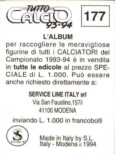 figurina ''Menù a Tendina'' calciatori 1993 Sl Service Line 1/3 - Picture 351 of 495