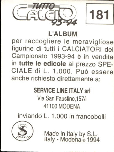 figurina ''Menù a Tendina'' calciatori 1993 Sl Service Line 1/3 - Picture 359 of 495
