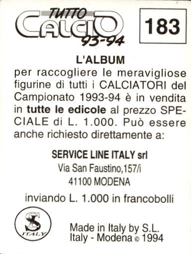 figurina ''Menù a Tendina'' calciatori 1993 Sl Service Line 1/3 - Picture 363 of 495