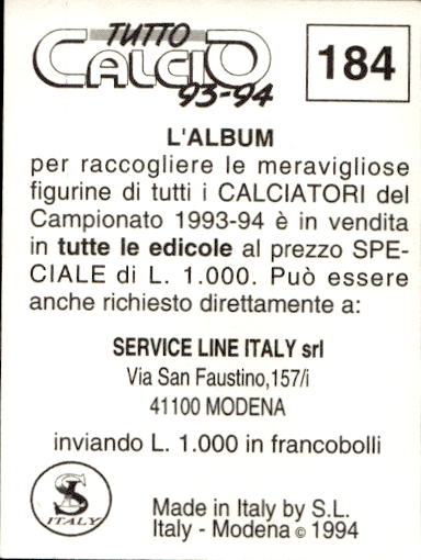 figurina ''Menù a Tendina'' calciatori 1993 Sl Service Line 1/3 - Picture 365 of 495