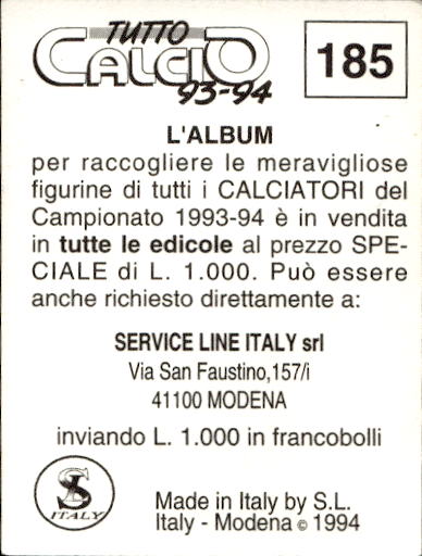 figurina ''Menù a Tendina'' calciatori 1993 Sl Service Line 1/3 - Picture 367 of 495
