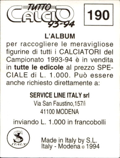 figurina ''Menù a Tendina'' calciatori 1993 Sl Service Line 1/3 - Picture 377 of 495