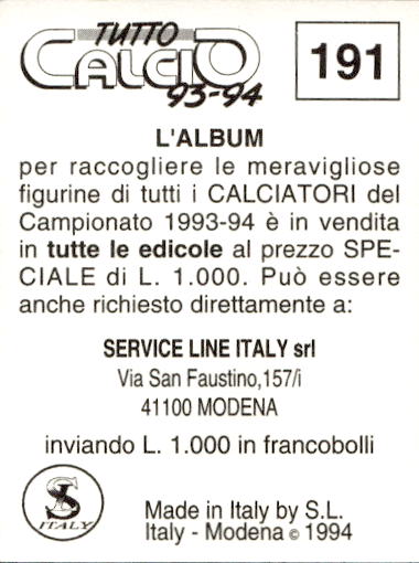 figurina ''Menù a Tendina'' calciatori 1993 Sl Service Line 1/3 - Picture 379 of 495