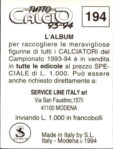 figurina ''Menù a Tendina'' calciatori 1993 Sl Service Line 1/3 - Picture 385 of 495