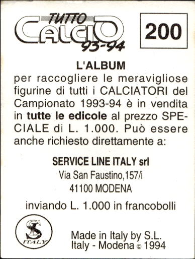 figurina ''Menù a Tendina'' calciatori 1993 Sl Service Line 1/3 - Picture 397 of 495