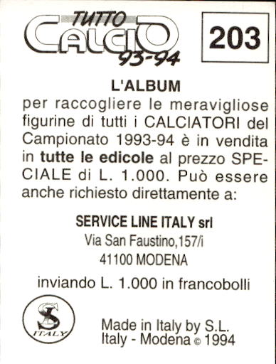 figurina ''Menù a Tendina'' calciatori 1993 Sl Service Line 1/3 - Picture 403 of 495