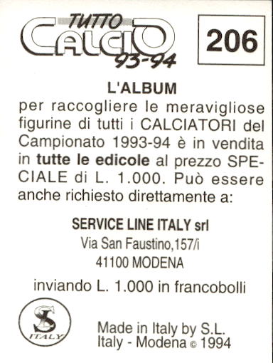figurina ''Menù a Tendina'' calciatori 1993 Sl Service Line 1/3 - Picture 409 of 495