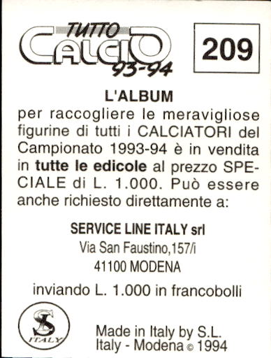 figurina ''Menù a Tendina'' calciatori 1993 Sl Service Line 1/3 - Picture 413 of 495