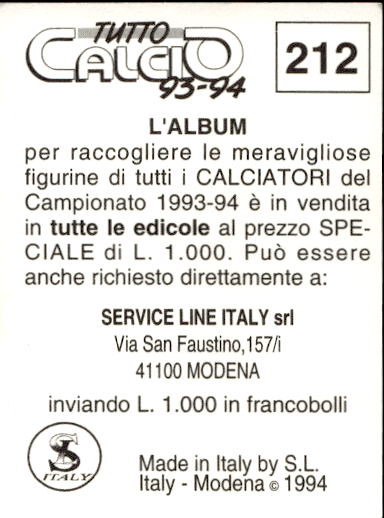 figurina ''Menù a Tendina'' calciatori 1993 Sl Service Line 1/3 - Picture 419 of 495