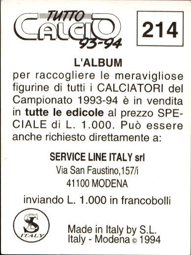 figurina ''Menù a Tendina'' calciatori 1993 Sl Service Line 1/3 - Picture 423 of 495