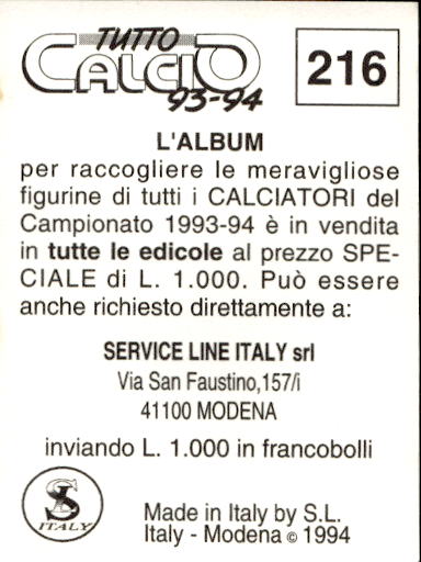 figurina ''Menù a Tendina'' calciatori 1993 Sl Service Line 1/3 - Picture 427 of 495
