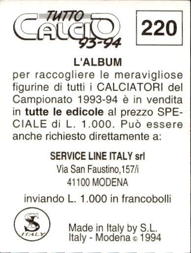 figurina ''Menù a Tendina'' calciatori 1993 Sl Service Line 1/3 - Picture 435 of 495