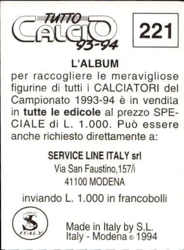 figurina ''Menù a Tendina'' calciatori 1993 Sl Service Line 1/3 - Picture 437 of 495