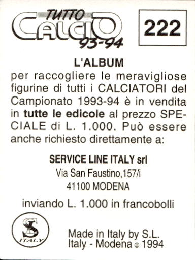 figurina ''Menù a Tendina'' calciatori 1993 Sl Service Line 1/3 - Picture 439 of 495
