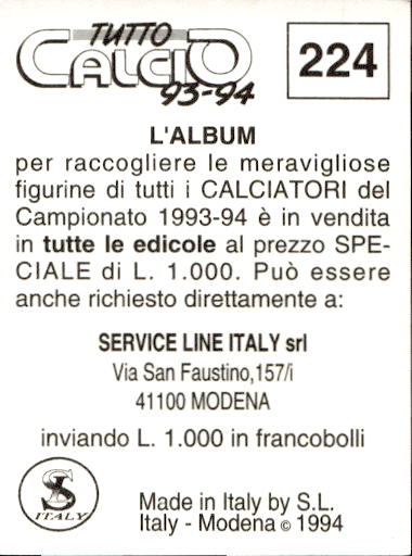 figurina ''Menù a Tendina'' calciatori 1993 Sl Service Line 1/3 - Picture 443 of 495