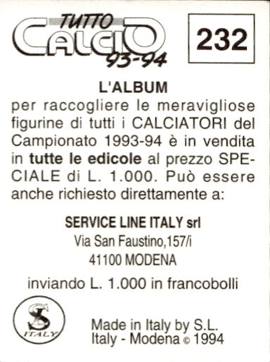 figurina ''Menù a Tendina'' calciatori 1993 Sl Service Line 1/3 - Picture 459 of 495