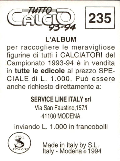 figurina ''Menù a Tendina'' calciatori 1993 Sl Service Line 1/3 - Picture 465 of 495