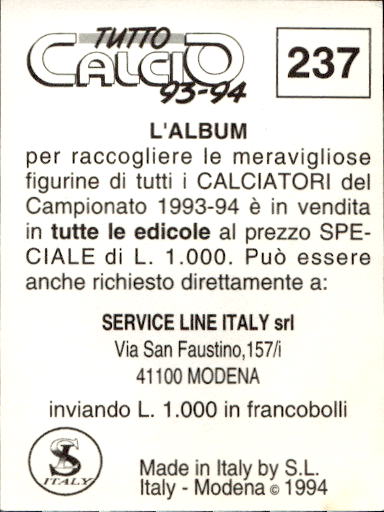 figurina ''Menù a Tendina'' calciatori 1993 Sl Service Line 1/3 - Picture 469 of 495