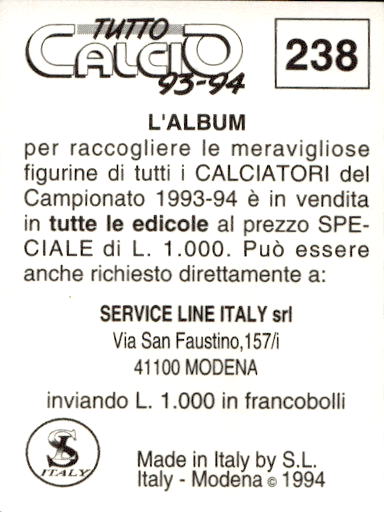 figurina ''Menù a Tendina'' calciatori 1993 Sl Service Line 1/3 - Picture 471 of 495